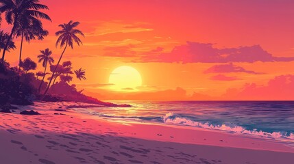 A vibrant sunset over a tropical beach with palm trees, casting a warm glow on the sand and ocean.