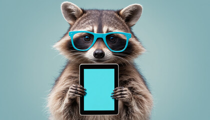 A raccoon holding a pastel-blue tablet, wearing square techy glasses.