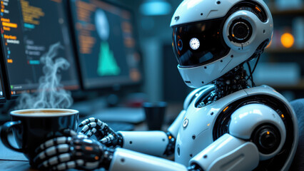Fototapeta premium Robot holding a cup of coffee with steam rising from it, sitting at a desk with monitors displaying code.