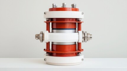 Fire alarm sensor signal concept. A cylindrical mechanical device with red and white components, featuring metal fittings, likely used in industrial applications.