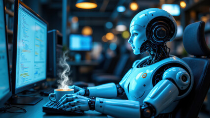 A robot seated at a desk with multiple screens displaying code, illustrating a concept related to ci/cd processes, possibly software development or automation.