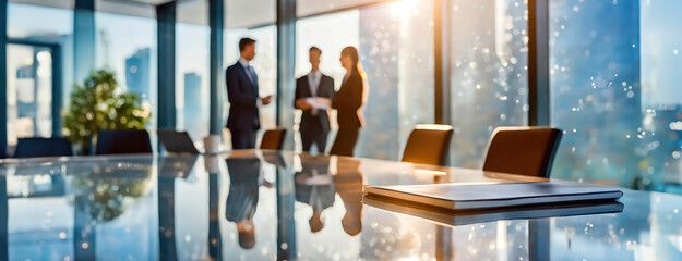 A conference table in a modern office setting with blurred silhouettes of professionals discussing a project, symbolizing teamwork and professional collaboration