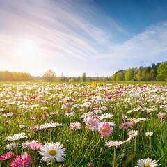 meadow with lots of white and pink spring daisy flowers in sunny day nature landscape in estonia in early summer