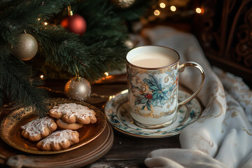 beautiful tea couple with cookies on the background of a Christmas tree