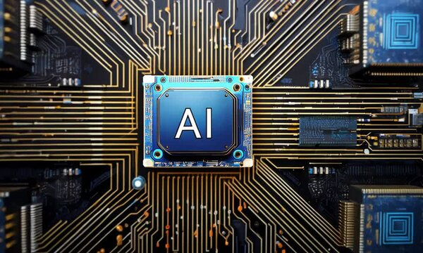 Microcircuits with wiring on an electronic board. AI, artificial intelligence concept, electronics and robotics.