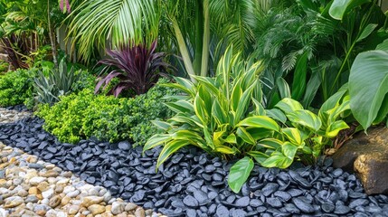 Fototapeta premium Lush Tropical Garden Landscape Featuring Vibrant Greenery, Varied Textures, and Decorative Stone Borders for Outdoor Serenity and Aesthetics