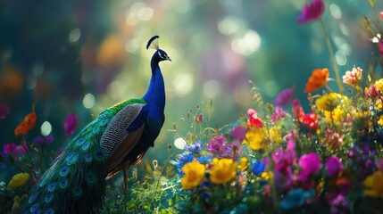 Obraz premium Vibrant Peacock Among Colorful Garden Flowers
