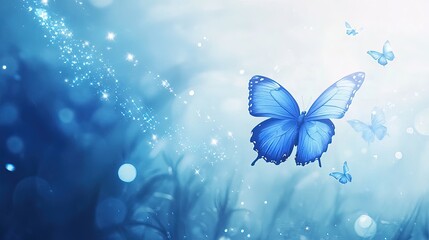 Blue morpho butterflies in a magical, dreamy forest.