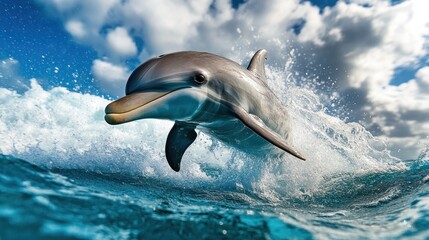 Naklejka premium A dolphin leaps out of the water with a bright blue sky and white clouds in the background.