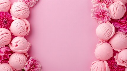 Pink ice cream scoops framed by flowers on pastel background.
