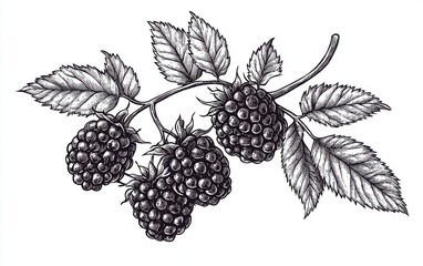 A monochrome vector illustration of blackberries and foliage, drawn in a vintage wood engraving style using pen and ink, isolated on a white background
