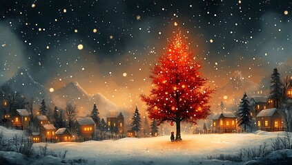 Obraz premium A painting of a tree adorned with lights