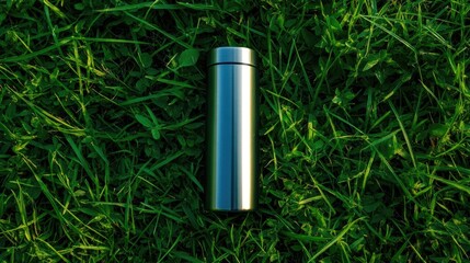 Vacuum Metal Thermos Placed on Fresh Green Grass with a Smooth Reflective Surface and Minimalistic Design