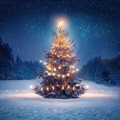 festive chrismas background with cristmas tree with decorations winter night forest