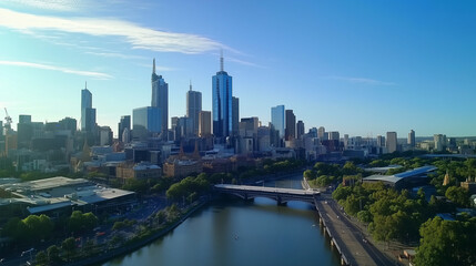 Fototapeta premium Modern City Skyline with CBD Office Buildings at Sunset - Drone View