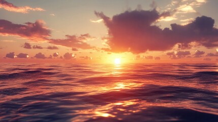 Fototapeta premium Sunset over the sea with warm light reflecting on the waves and clouds glowing in the sky