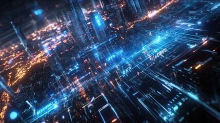A digital futuristic timeline of 2025, glowing blue lines interconnecting floating glowing dots, cyber grid background, holographic text overlays 