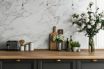 Modern kitchen interior with gray cabinets and wooden countertop, white marble wall panel mockup background template.