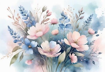 Fototapeta premium Various watercolor flowers, butterflies, roses, peonies