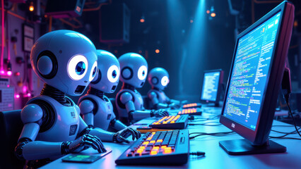 Robotic team working on computer screens with a ci/cd theme in a high-tech setting.