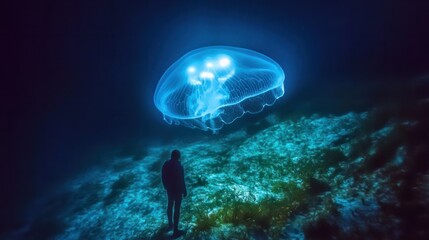 Bioluminescent jellyfish glowing in the deep ocean, creating a mesmerizing underwater backdrop