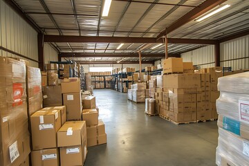 A spacious warehouse displays neatly stacked boxes and equipment, illustrating an organized storage area designed for various products and efficient inventory,