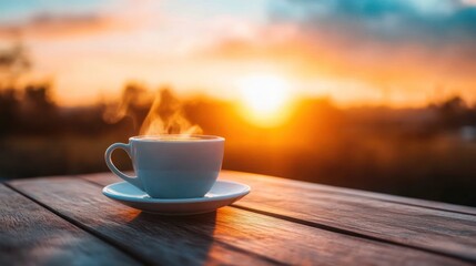 A steaming cup of coffee sits on a wooden table with a vibrant sunset in the background.