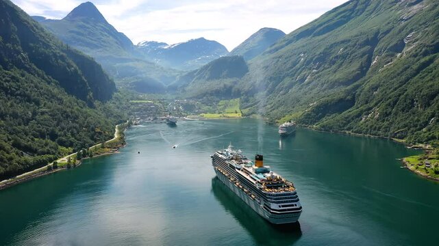 Cruise Liners On Geiranger fjord, Norway