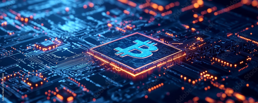 Sticker digital circuit board with bitcoin symbol glowing in blue and orange lights, representing blockchain