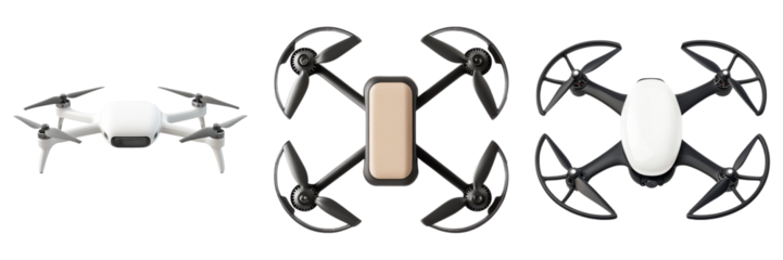 Three drones viewed from different angles against a transparent background.