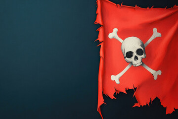 Tattered Pirate Flag in Eerie Atmosphere, a watercolor depiction of a weathered flag fluttering ominously against a stormy backdrop.