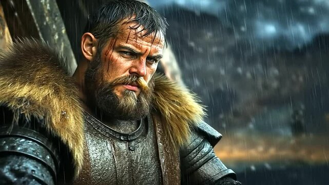 A detailed digital artwork of a mighty Beowulf seated in the rain in front of a Viking settlement palisade. The Norseman&rsquo;s muscular form is highlighted with wet furs and intricate