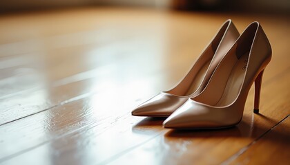 Pair of elegant high heels on a polished wooden floor, leaving ample copy space for fashion show promotions or bridal event announcements.