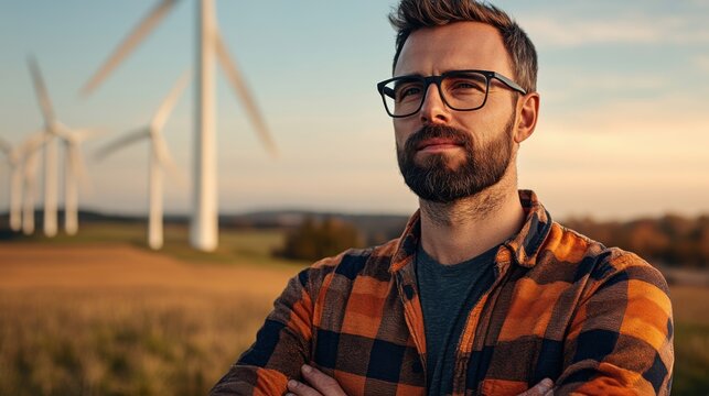 Thoughtful man with glasses stands confidently in front of wind turbines during sunset, embodying sustainability, renewable energy, and modern lifestyle in natural landscape.