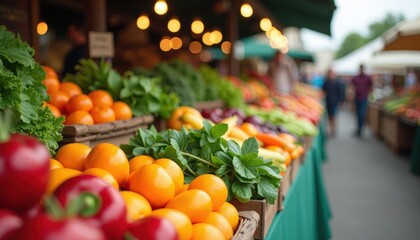 Farmer’s market scene with colorful fruits and vegetables on display, leaving ample copy space for local market promotions or seasonal event announcements.