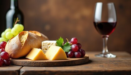 Rustic wooden table with fresh bread, cheese, and grapes for wine tasting event invitations with a warm vintage background and copy space.