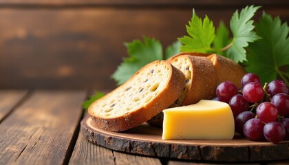 Rustic wooden table with fresh bread, cheese, and grapes for wine tasting event invitations with a warm vintage background and copy space.