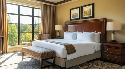 Elegant bedroom with a king size bed, large window providing natural light, stylish armchair, and tasteful decor enhancing comfort and tranquility.