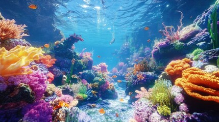 Fototapeta premium Colorful reef with a variety of corals and fish, creating a vibrant underwater ecosystem