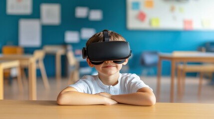 Student Engaging with VR Headset in Bright Classroom