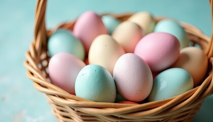 Soft pastel-colored Easter eggs in a basket with ample copy space for holiday event promotions or family gathering invitations.