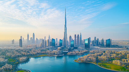 Fototapeta premium Modern Skyline with High-Rise Office Buildings under Blue Sky