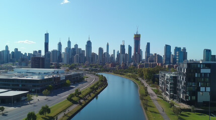 Fototapeta premium Modern Skyline with High-Rise Office Buildings under Blue Sky
