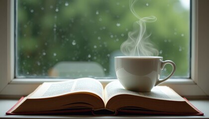 Open book with a steaming cup of tea on a windowsill with a rainy background and ample copy space for book club promotions or cozy event invitations.