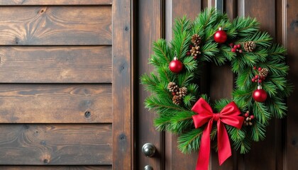 Christmas wreath on a rustic wooden door with ample copy space for holiday event announcements or home decoration promotions.