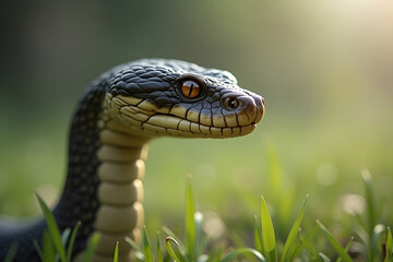 Fototapeta premium Alert Wild Snake with Amber Eyes Emerging Cautiously Through Green Grass