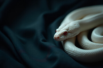 Fototapeta premium Ethereal Albino Snake with Ruby Eyes Posed Elegantly Against Dark Teal Background