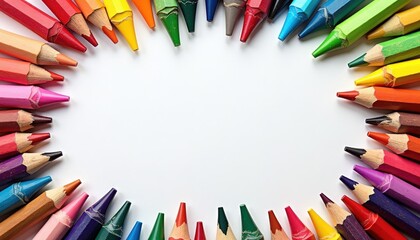 Fototapeta premium Colorful crayons and drawing paper on a table with ample copy space for children’s art class promotions or creative workshop invitations.
