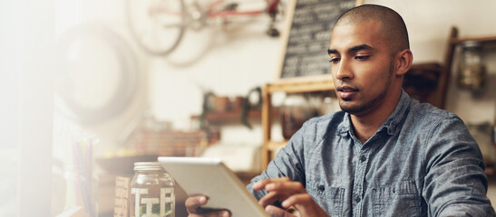 Inventory, space and tablet with man in coffee shop for management of small business or stock....