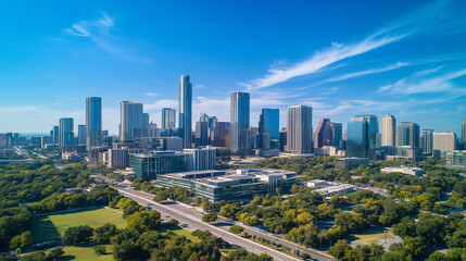 Modern City Skyline with CBD Office Buildings at Sunset - Drone View